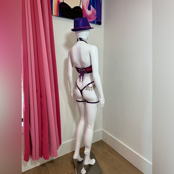 Pink & Purple Sequin Rhinestone Burlesque 5 Piece Lingerie Set XS/XS Hand Sewn - Picture 5 of 17